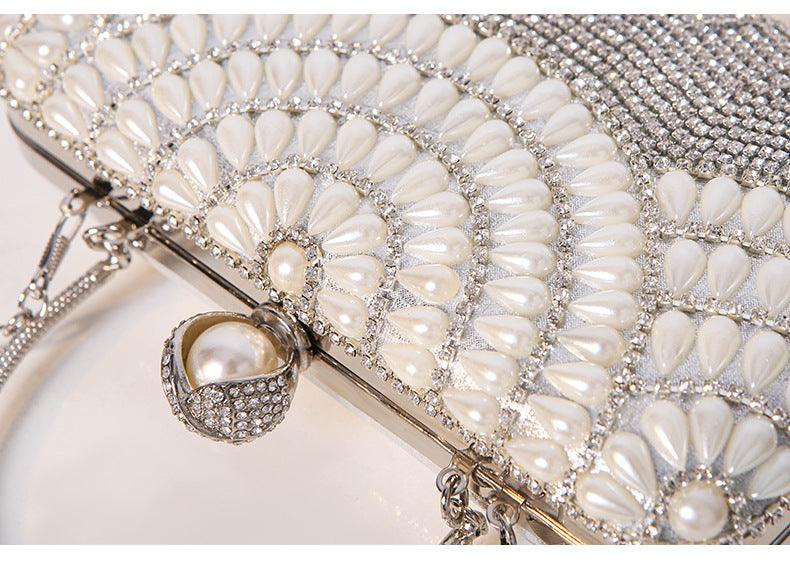 #CL33 Luxe Pearl Accent Clutch ✦ Metallic Evening Bag with Cascading Beadwork (Silver/Gold)