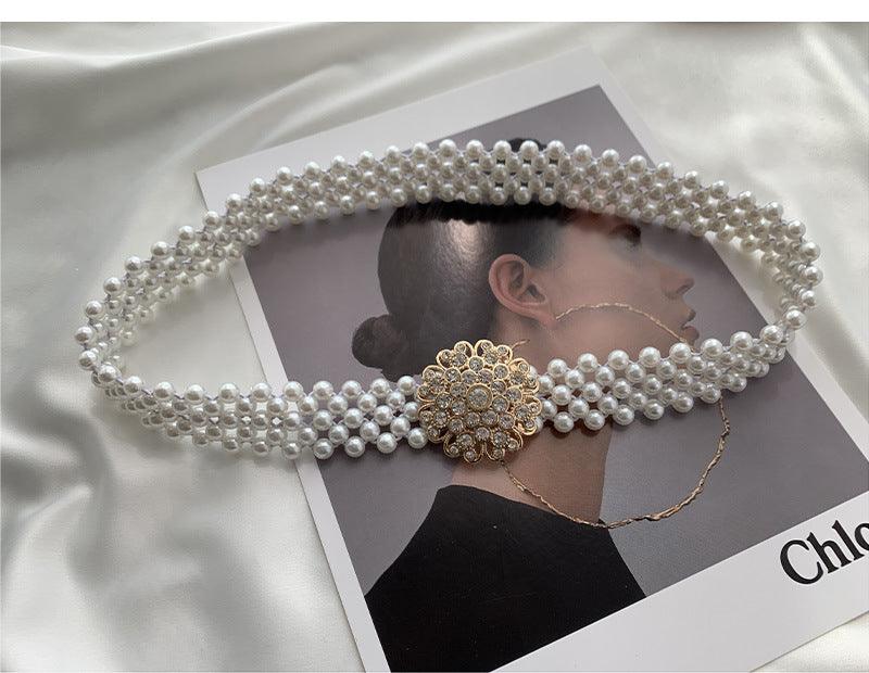 WG06 Pearl and diamond elastic belt with embellished buttons