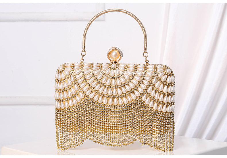 #CL33 Luxe Pearl Accent Clutch ✦ Metallic Evening Bag with Cascading Beadwork (Silver/Gold)