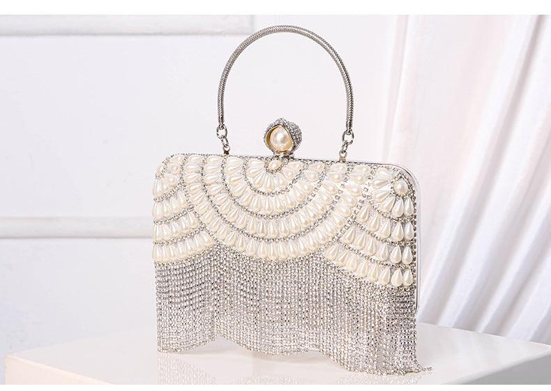 #CL33 Luxe Pearl Accent Clutch ✦ Metallic Evening Bag with Cascading Beadwork (Silver/Gold)