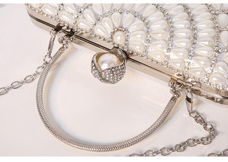 #CL33 Luxe Pearl Accent Clutch ✦ Metallic Evening Bag with Cascading Beadwork (Silver/Gold)
