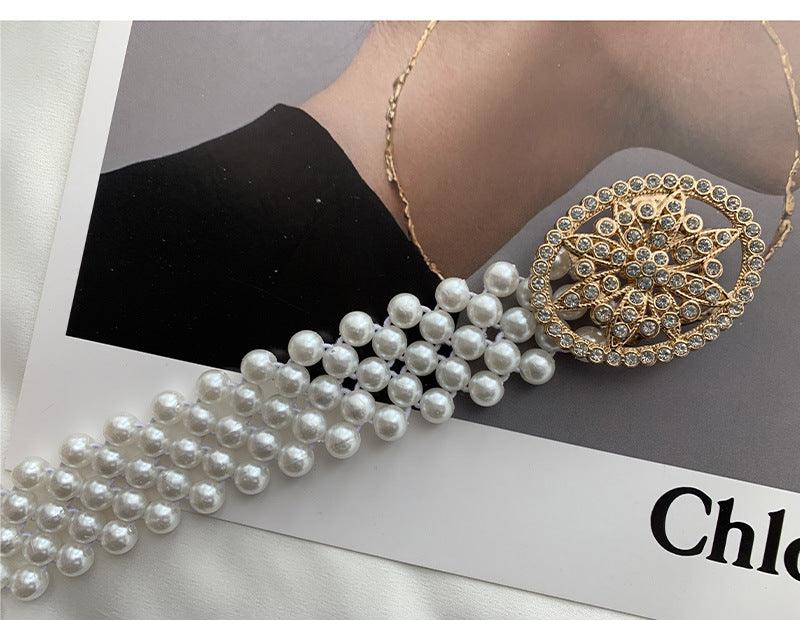 WG06 Pearl and diamond elastic belt with embellished buttons
