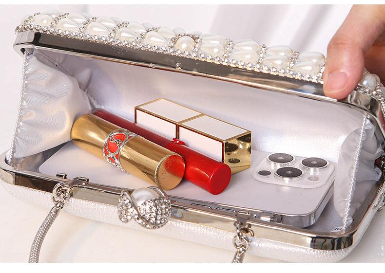 #CL33 Luxe Pearl Accent Clutch ✦ Metallic Evening Bag with Cascading Beadwork (Silver/Gold)