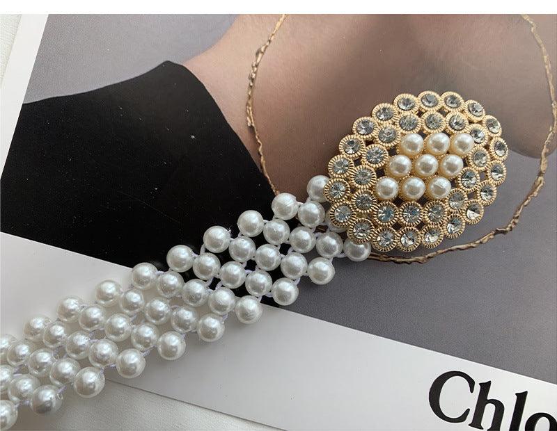 WG06 Pearl and diamond elastic belt with embellished buttons