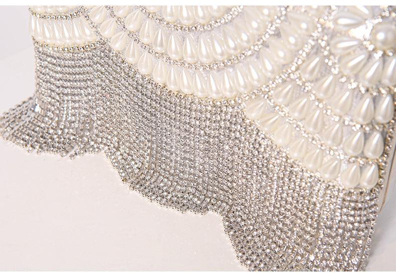 #CL33 Luxe Pearl Accent Clutch ✦ Metallic Evening Bag with Cascading Beadwork (Silver/Gold)