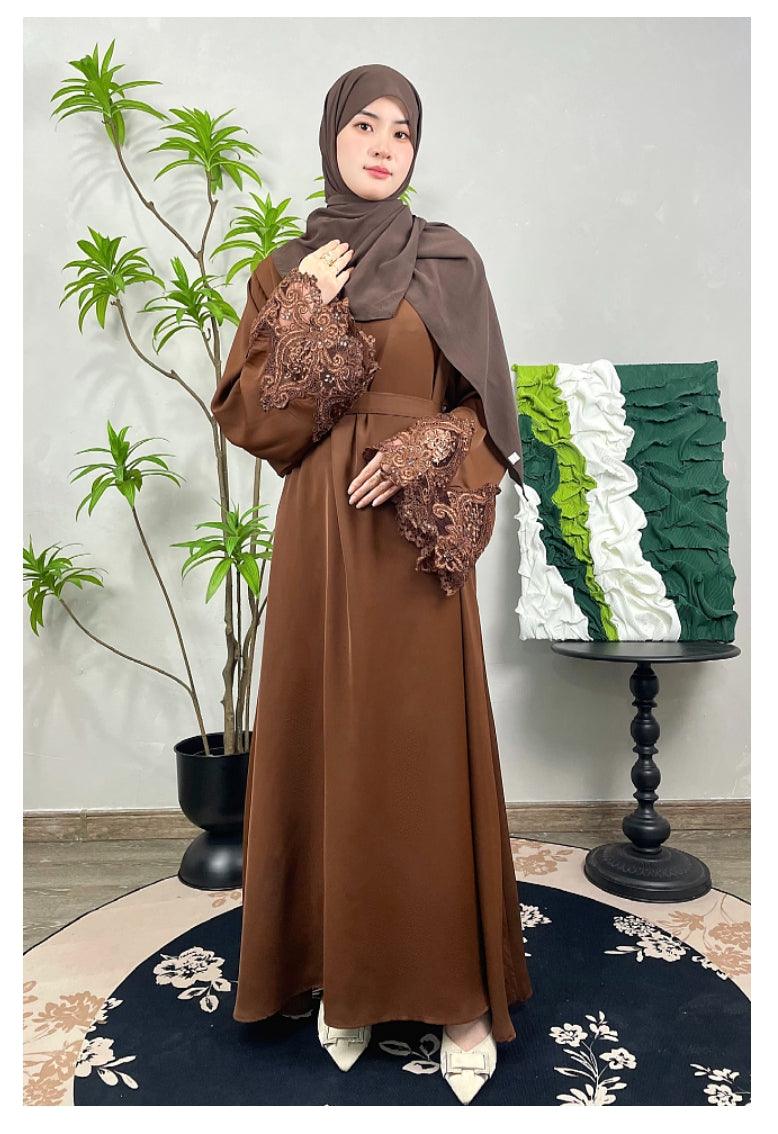 #CL13 Luxury Lace-Trimmed Abaya Dress | Solid Color Long Muslim Robe for Women ✦ 4 Colors 5 Sizes