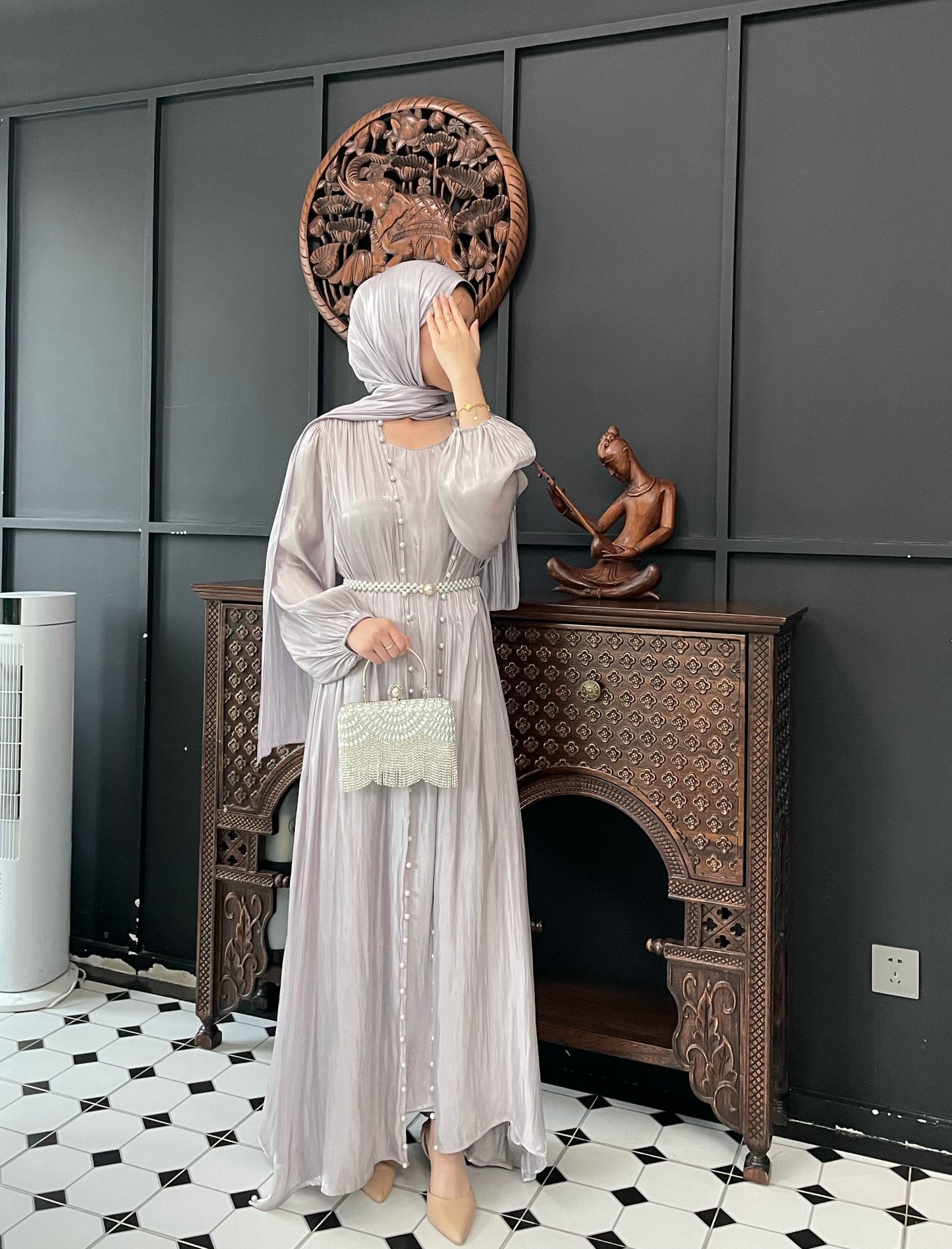 #CL03 Luxury 5-Piece Silk Abaya Set | Pearl-Embellished Belt & Kaftan Dress for Weddings & Evening Galas