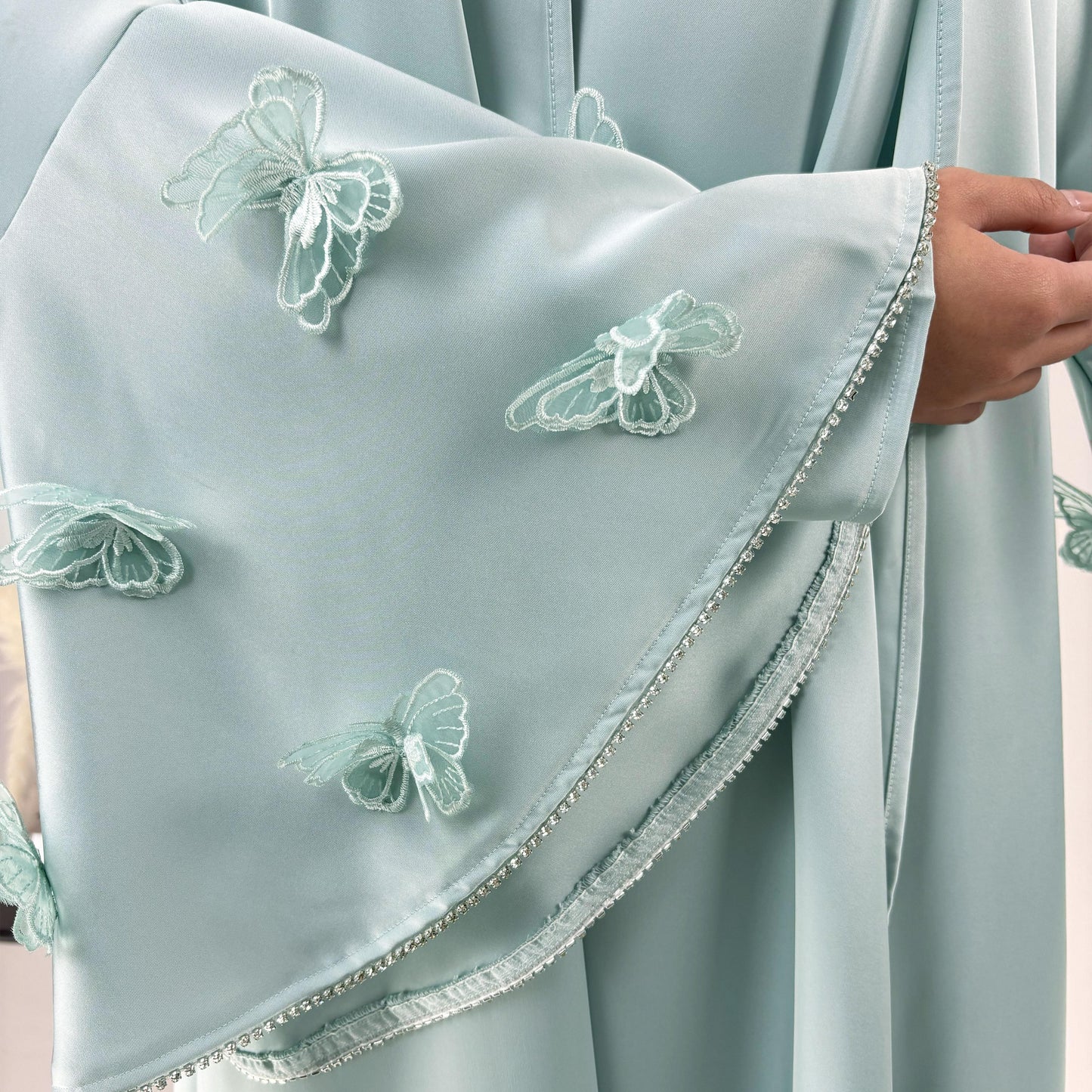 CL58 Celestial Butterfly Abaya Set ✦ Silk Robe with Diamond Sleeves & Detachable Belt in Fresh Green/Brown
