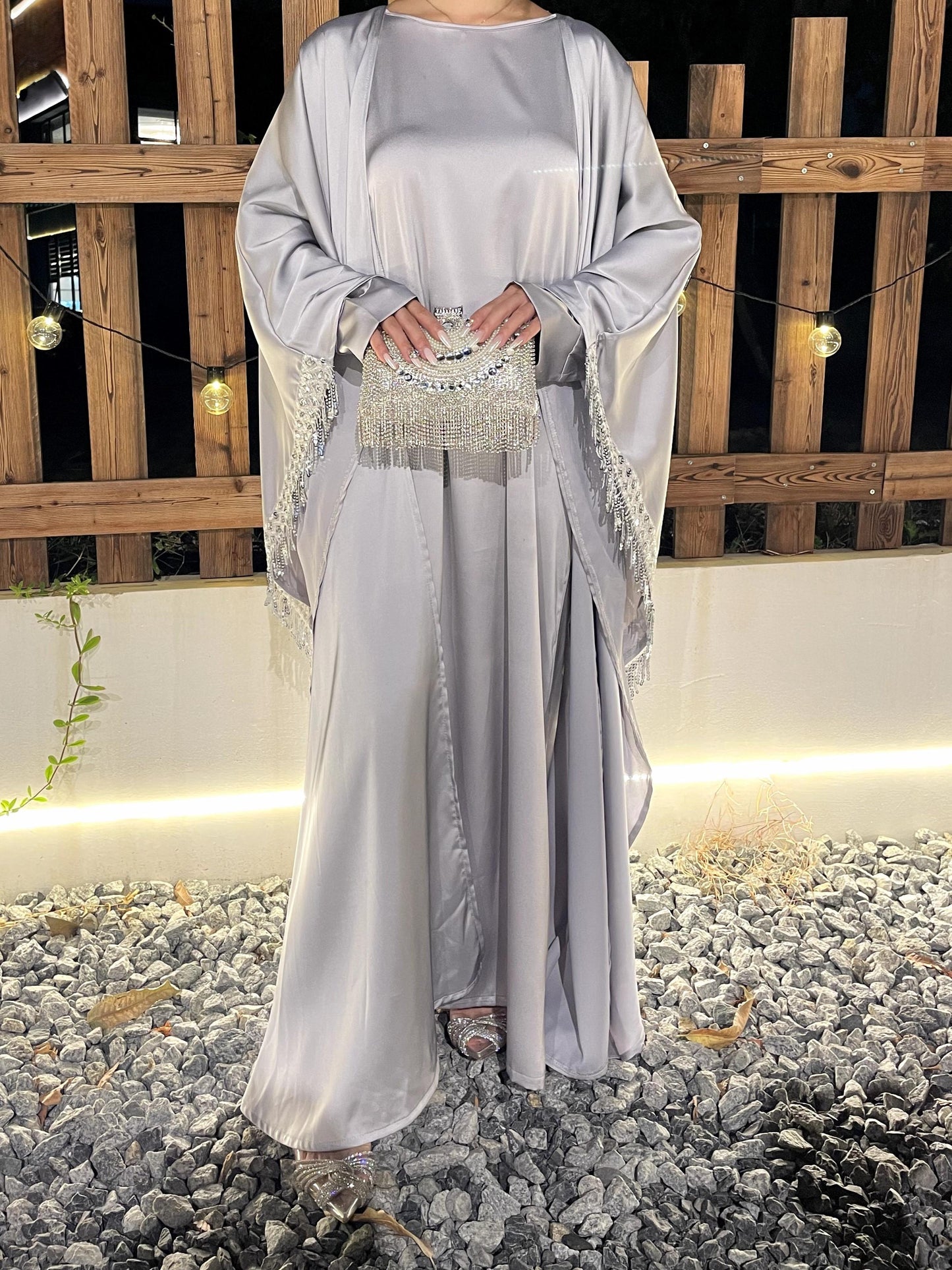 #CL42 Butterfly Satin Taasel Set ✦ Convertible Abaya & Dress Duo for Day-to-Night Modesty