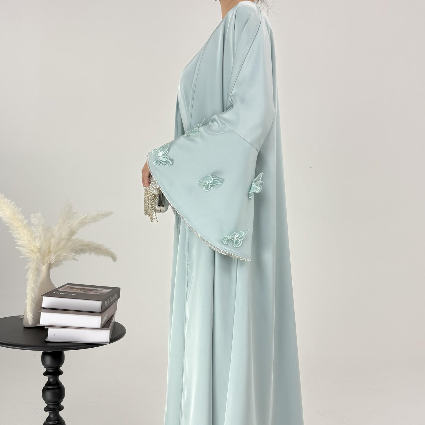 CL58 Celestial Butterfly Abaya Set ✦ Silk Robe with Diamond Sleeves & Detachable Belt in Fresh Green/Brown