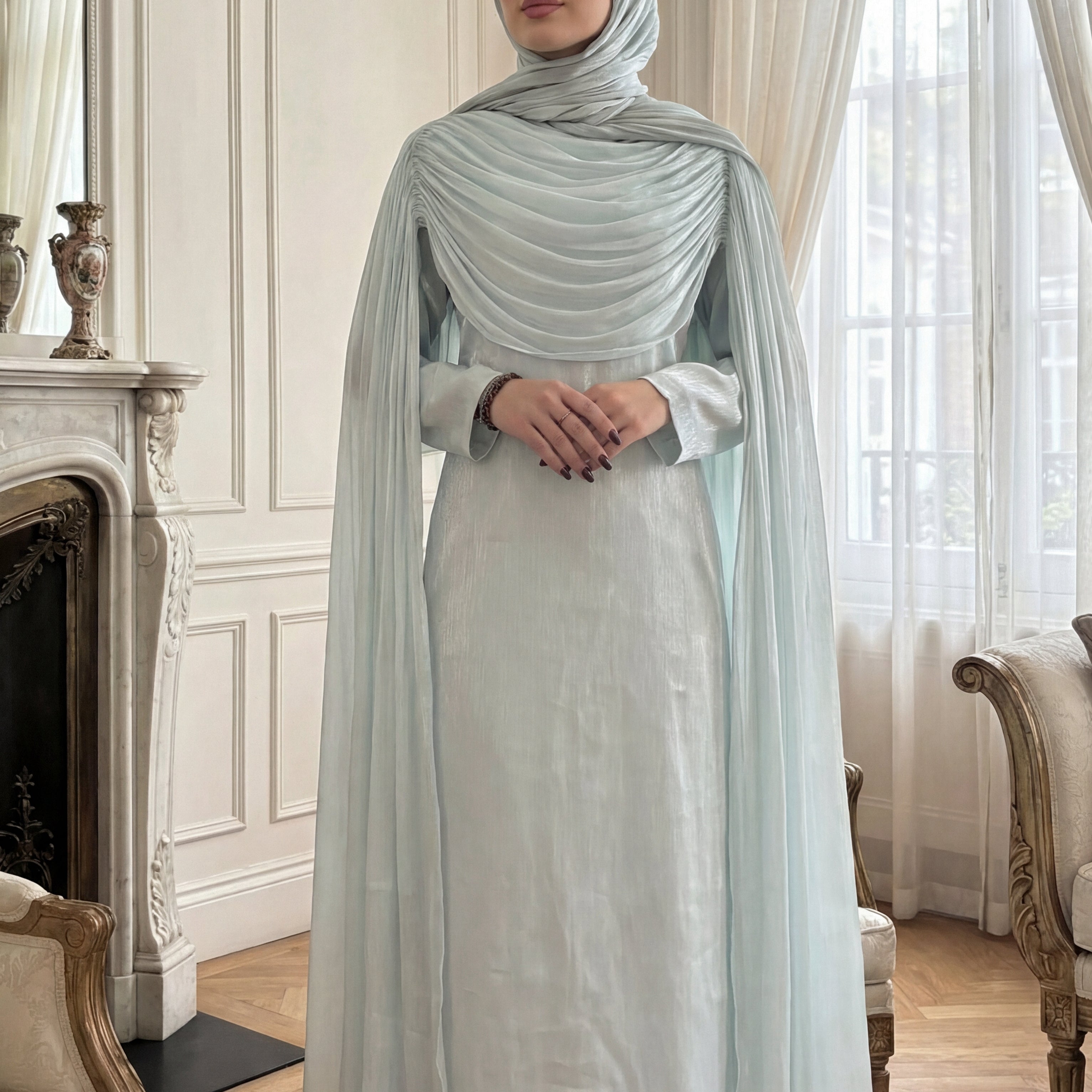 #CL74-Olive Grace Draped Abaya Set | Elegantes Chiffon Modest-Kleid mit Hijab