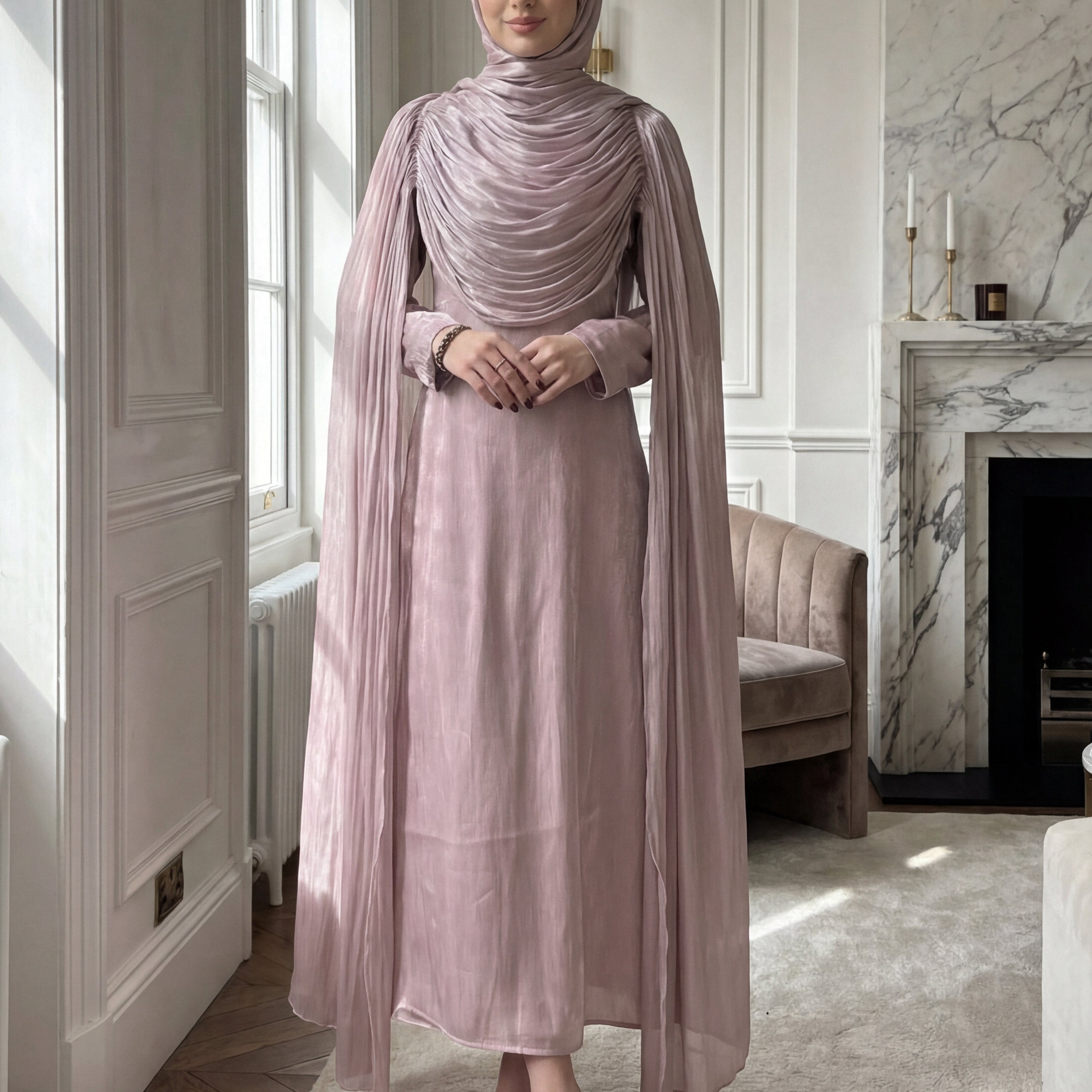 #CL74-Olive Grace Draped Abaya Set | Elegantes Chiffon Modest-Kleid mit Hijab