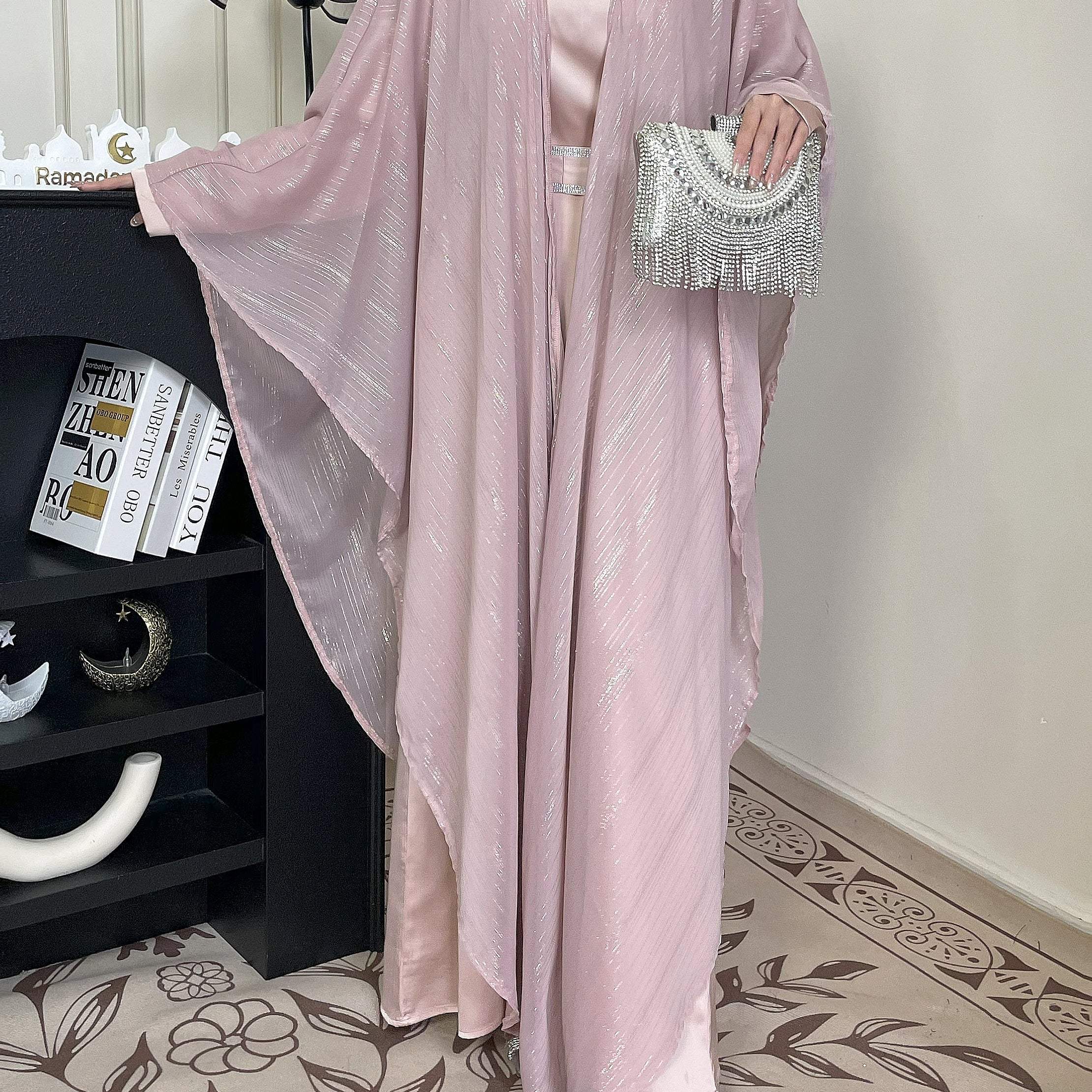 #CL51 Luxe Gold-Thread Abaya Set ✦ Shimmer Cardigan & Loose Abaya Duo for Day-to-Night Modesty