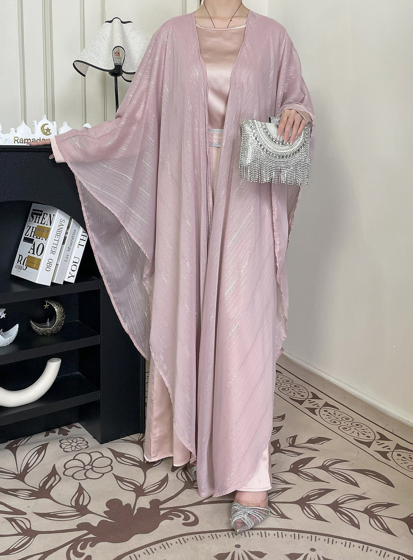 #CL51 Luxe Gold-Thread Abaya Set ✦ Shimmer Cardigan & Loose Abaya Duo for Day-to-Night Modesty