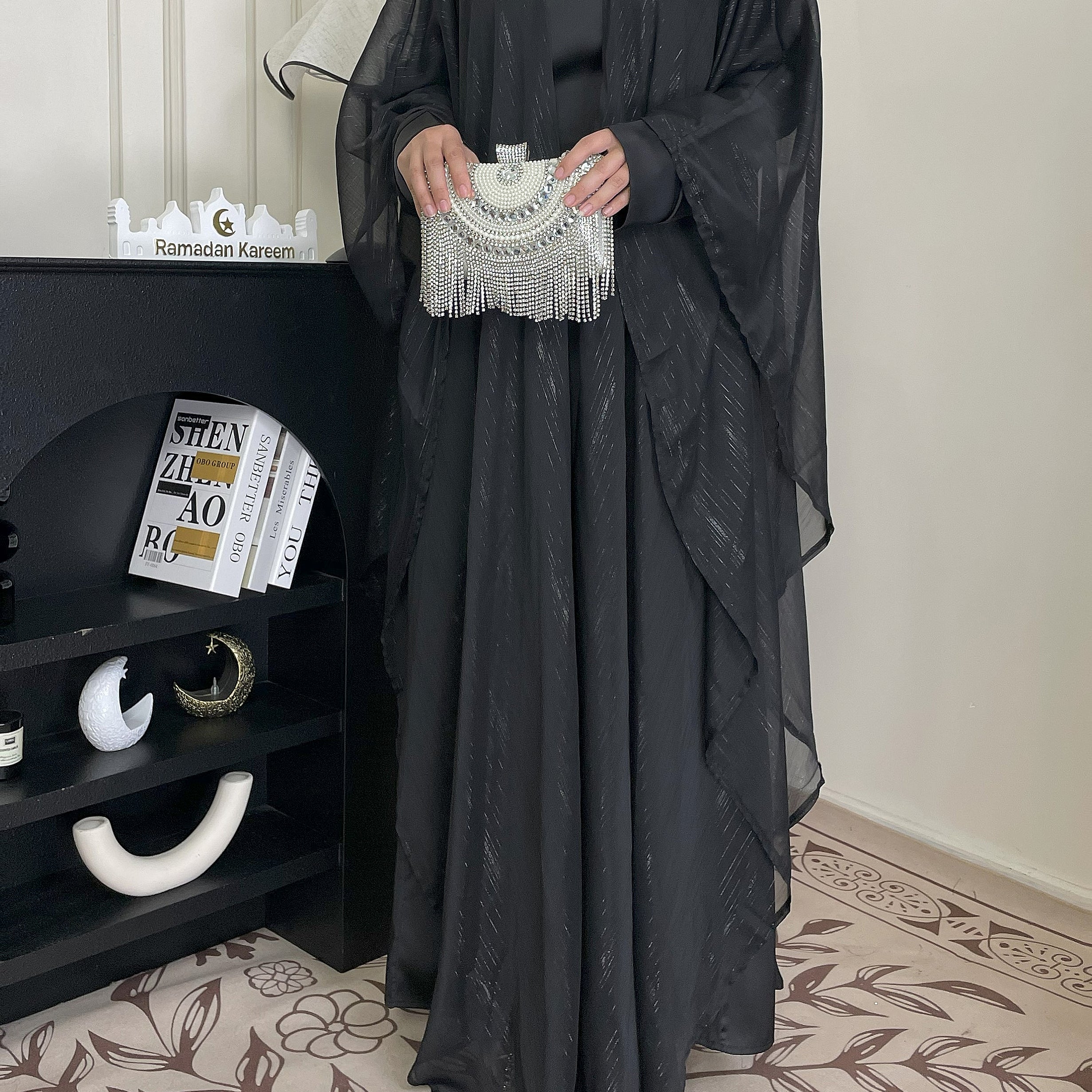 #CL51 Luxe Gold-Thread Abaya Set ✦ Shimmer Cardigan & Loose Abaya Duo for Day-to-Night Modesty