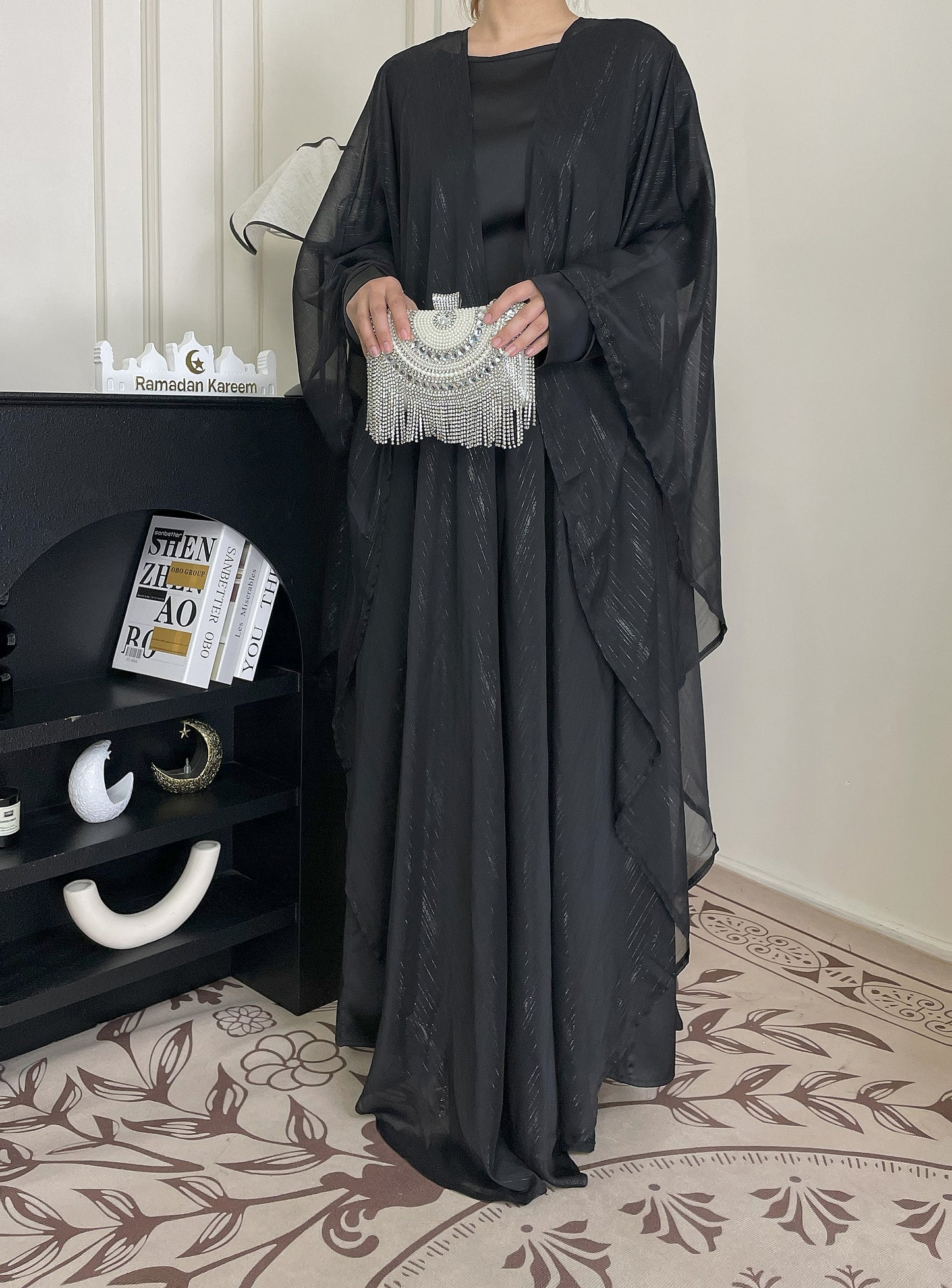 #CL51 Luxe Gold-Thread Abaya Set ✦ Shimmer Cardigan & Loose Abaya Duo for Day-to-Night Modesty