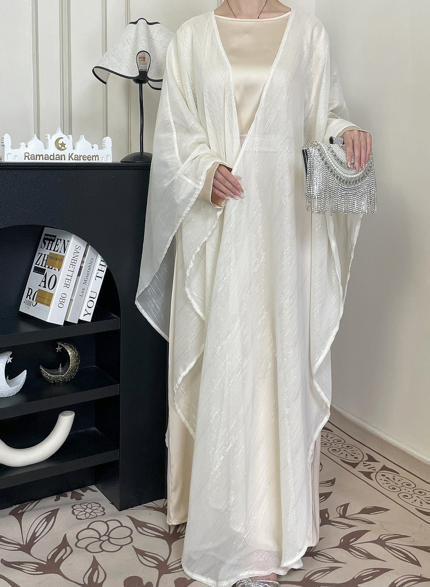 #CL51 Luxe Gold-Thread Abaya Set ✦ Shimmer Cardigan & Loose Abaya Duo for Day-to-Night Modesty