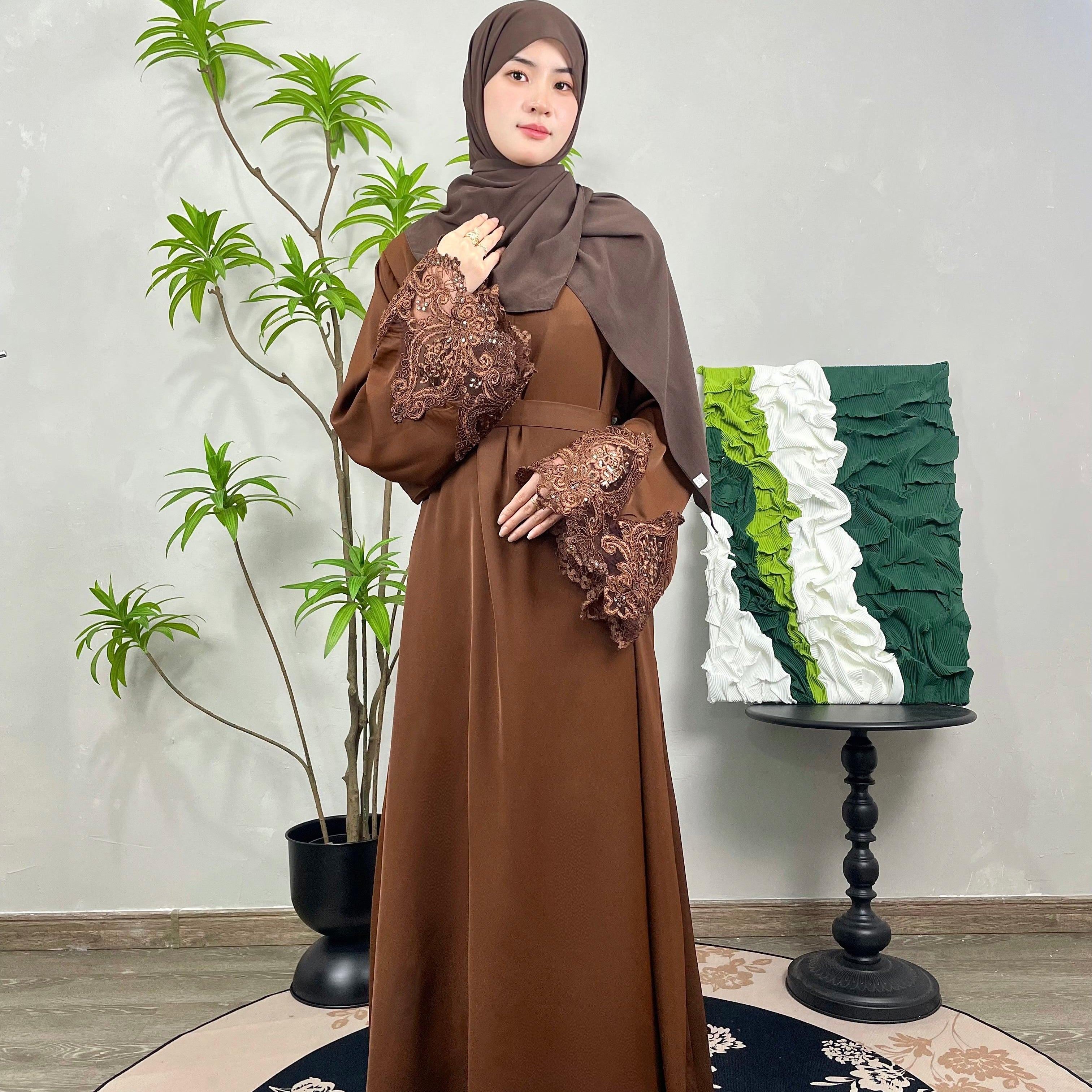 #CL13 Luxury Lace-Trimmed Abaya Dress | Solid Color Long Muslim Robe for Women ✦ 4 Colors 5 Sizes
