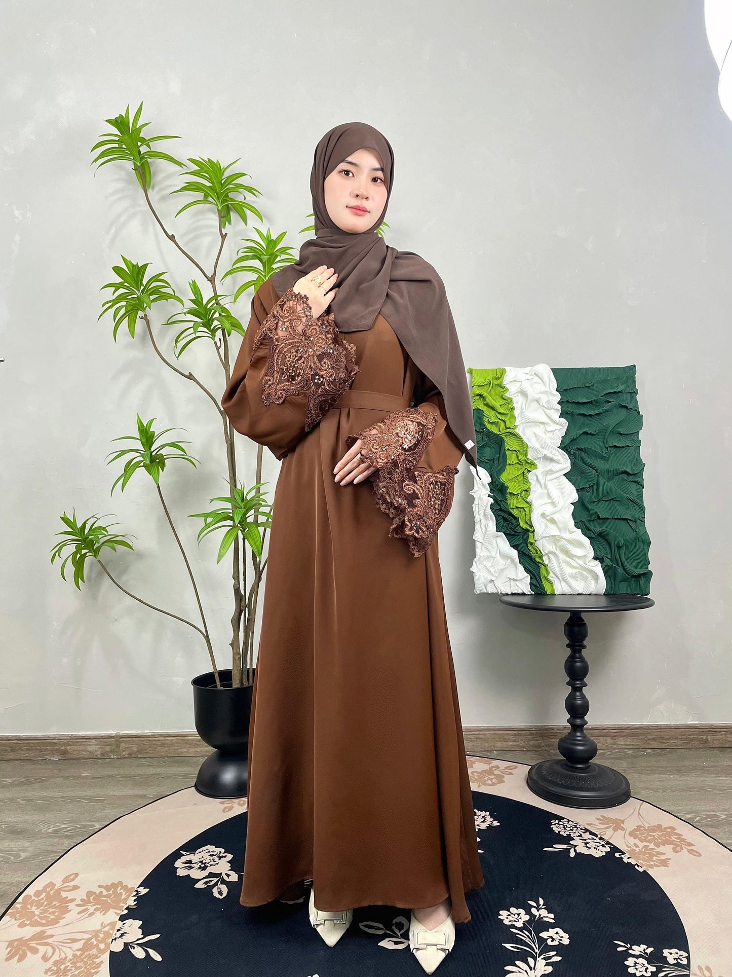 #CL13 Luxury Lace-Trimmed Abaya Dress | Solid Color Long Muslim Robe for Women ✦ 4 Colors 5 Sizes
