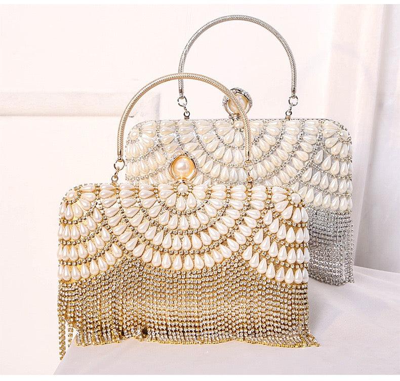#CL33 Luxe Pearl Accent Clutch ✦ Metallic Evening Bag with Cascading Beadwork (Silver/Gold)