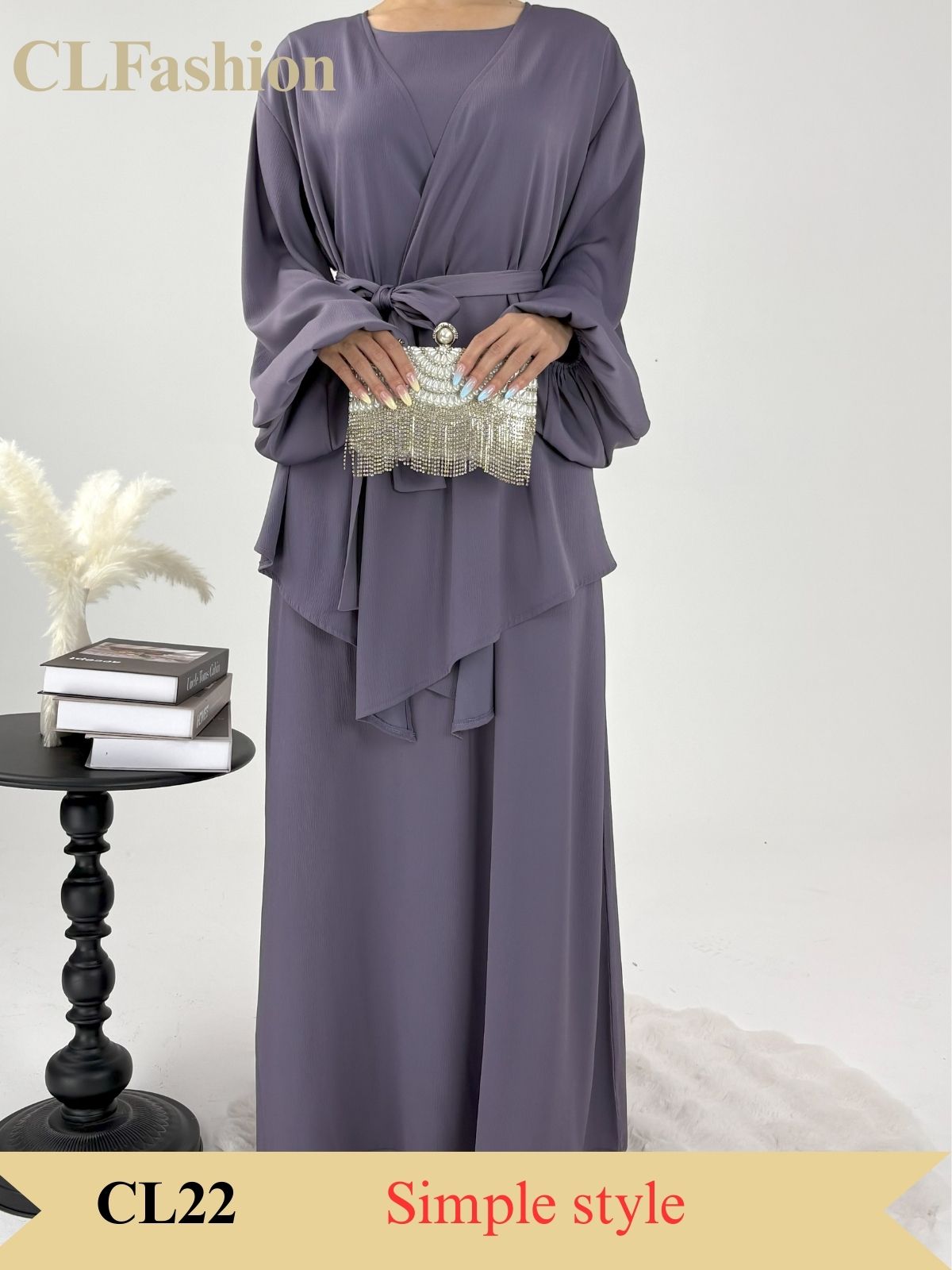 #CL22 Japanese-Style 3-Piece Abaya Set | Soft Silky Modest Dress with Belt & Lining (4 Colors)