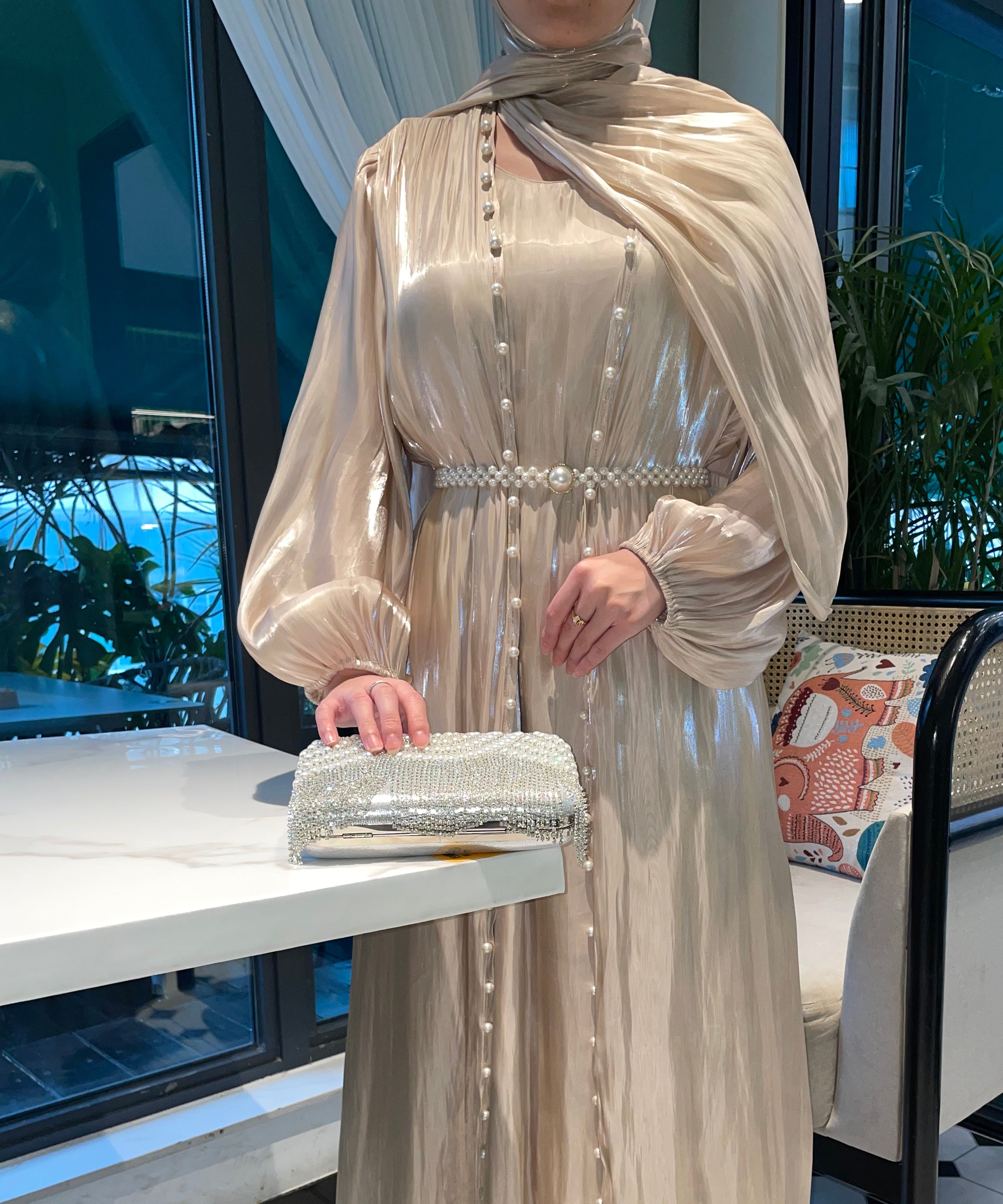 #CL03 Luxury 5-Piece Silk Abaya Set | Pearl-Embellished Belt & Kaftan Dress for Weddings & Evening Galas