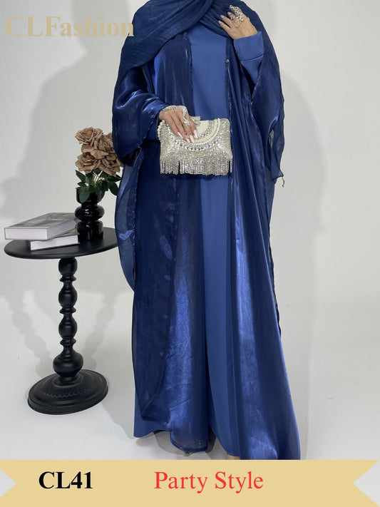 #CL41 Pearlescent Organza Abaya Set ✦ Coat & Skirt Duo with Convertible Modesty (Daily/Travel/Gala)