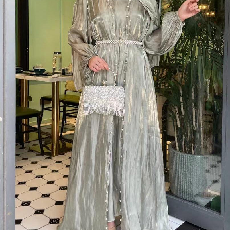 #CL03 Luxury 5-Piece Silk Abaya Set | Pearl-Embellished Belt & Kaftan Dress for Weddings & Evening Galas