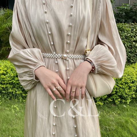 #CL01  Pearl 5-piece Set Silk Dress Pearl Belt Kaftan Long Women Dress