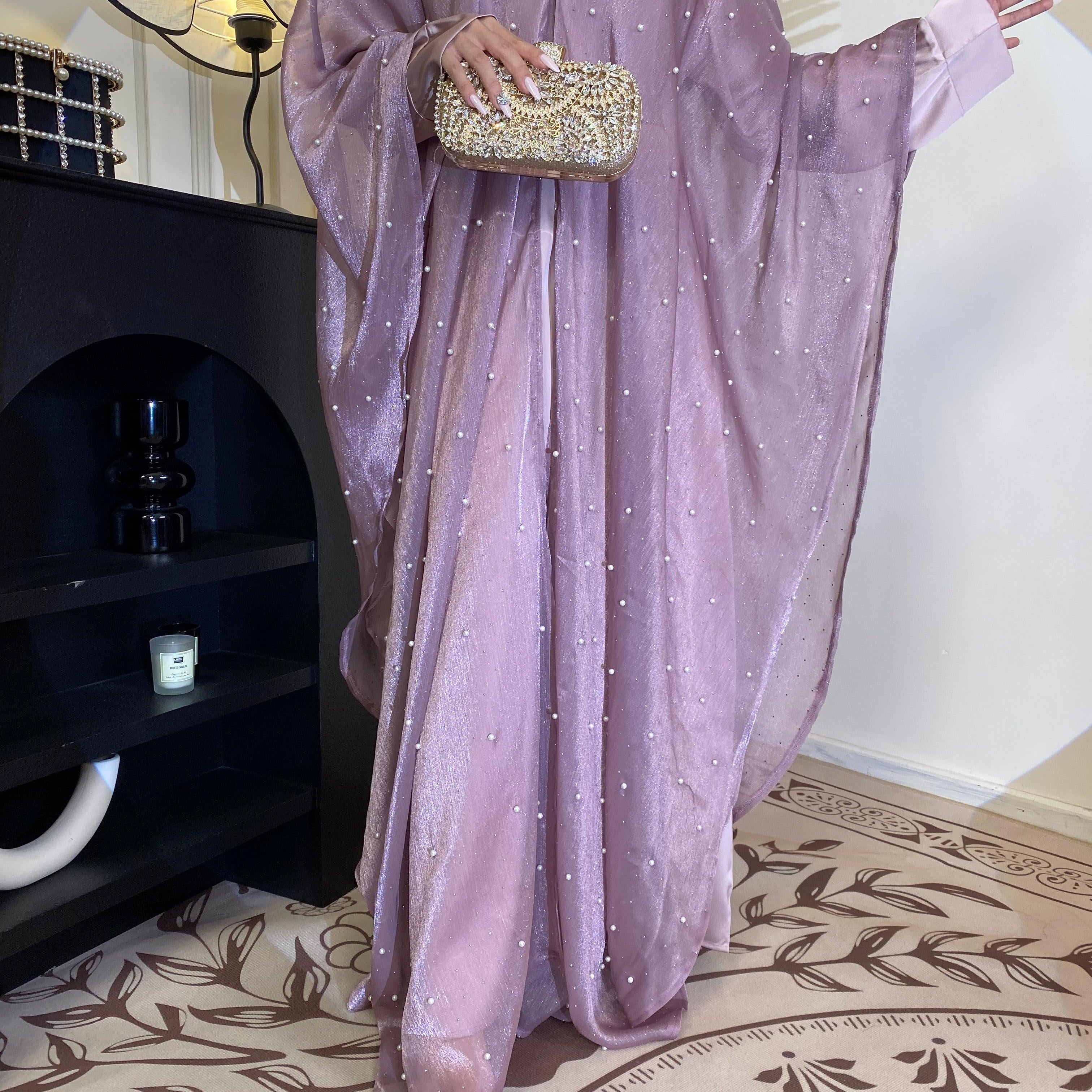 #CL01  Star Light Abaya, Shiny robe two-piece set, abaya cardigan and base layer dress