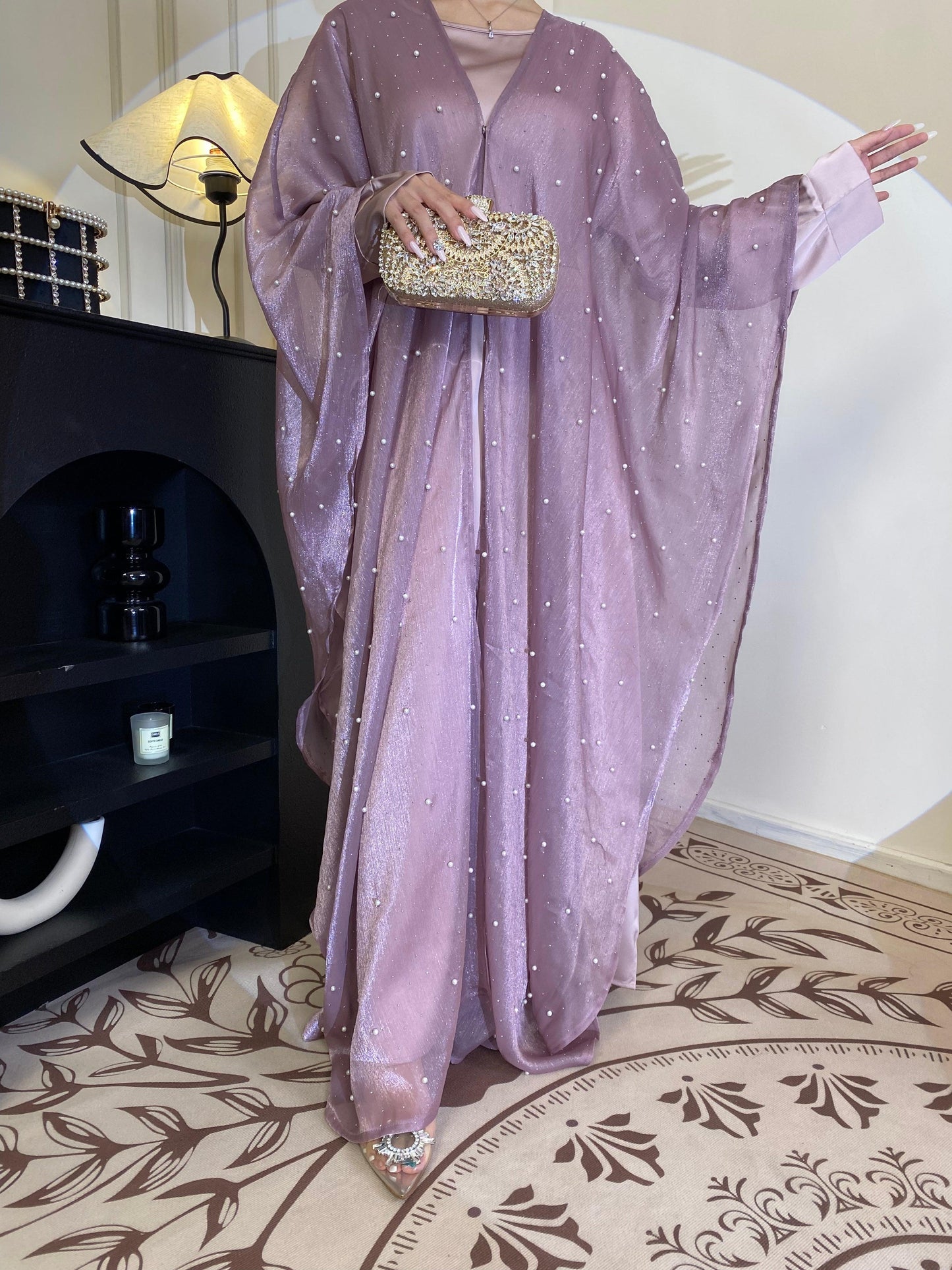 #CL01  Star Light Abaya, Shiny robe two-piece set, abaya cardigan and base layer dress