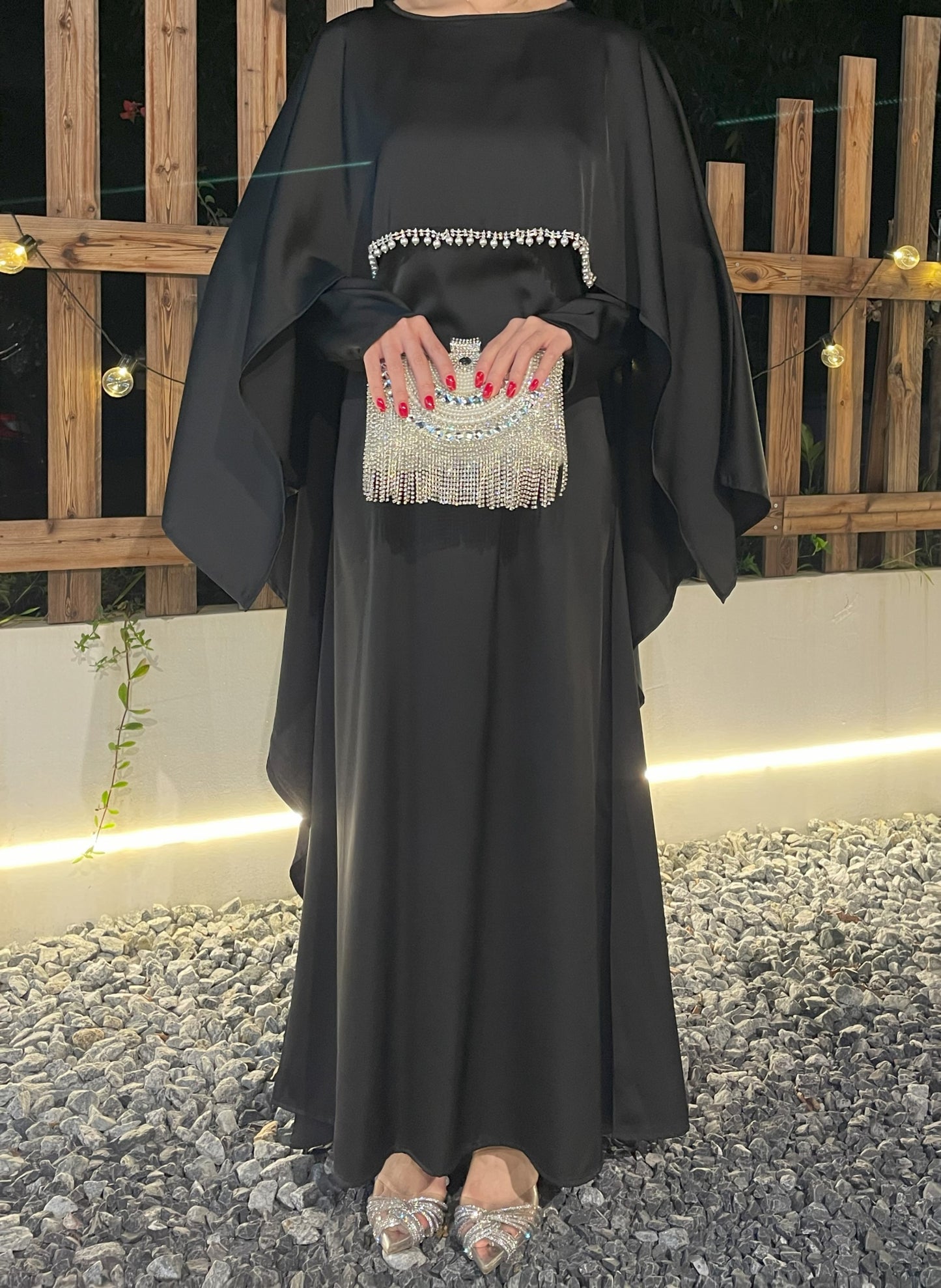 #CL43 Pearl & Crystal Butterfly Abaya ✦ Satin Cape Dress for Weddings & Evening Galas