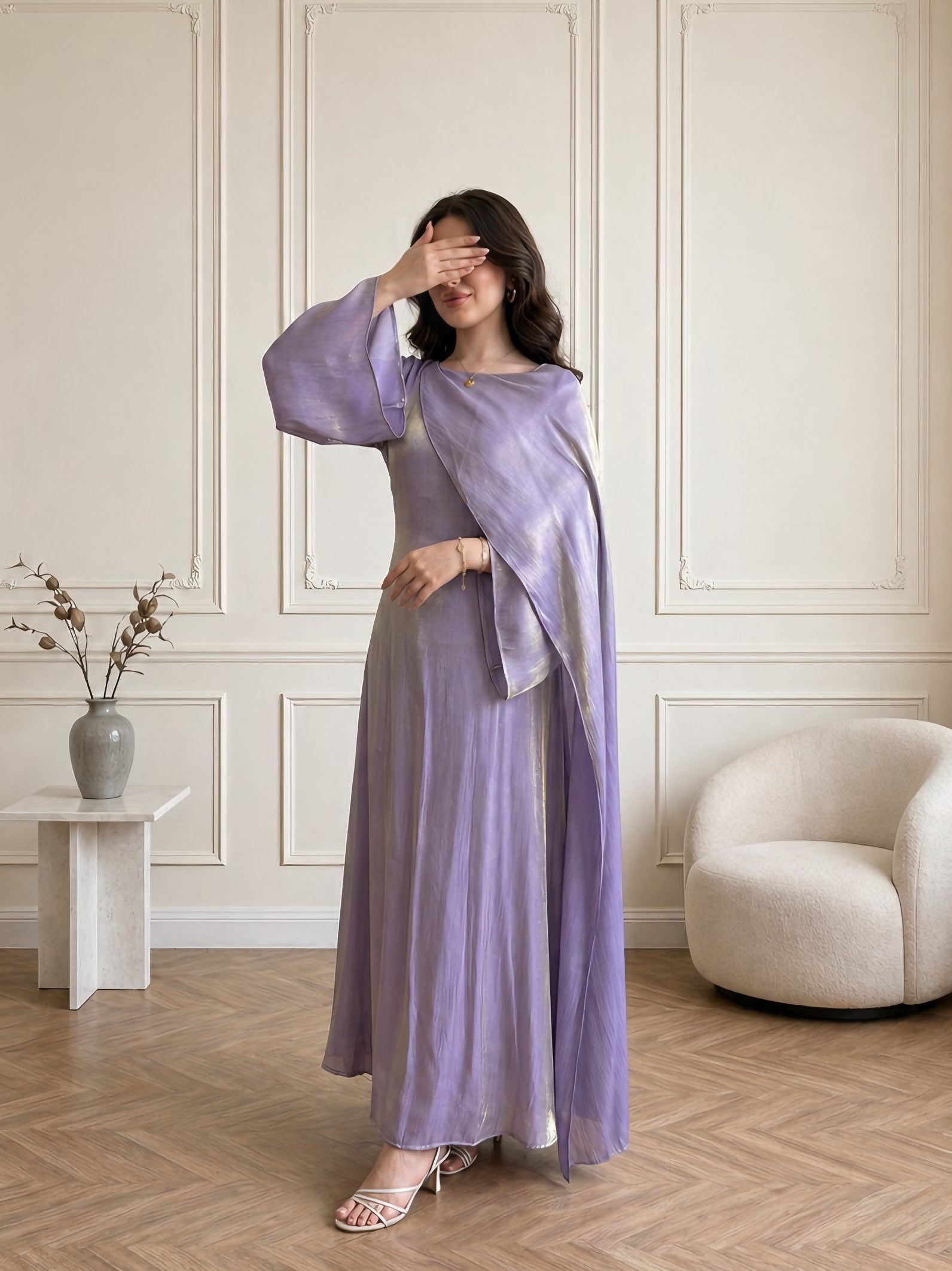 purple dress gold belt NicoBlu Cosima Sash Belt in Sunset Lavender