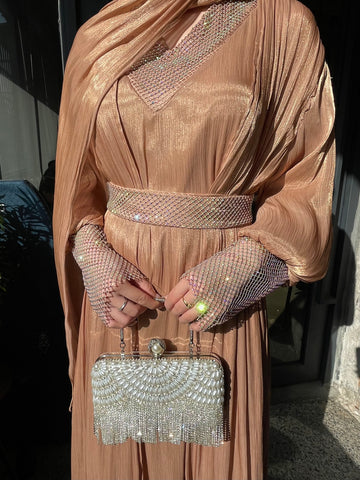 #CL03  4 Pieces Set  Mesh shiny chiffon abaya Come With Scarf  Caftan Dress