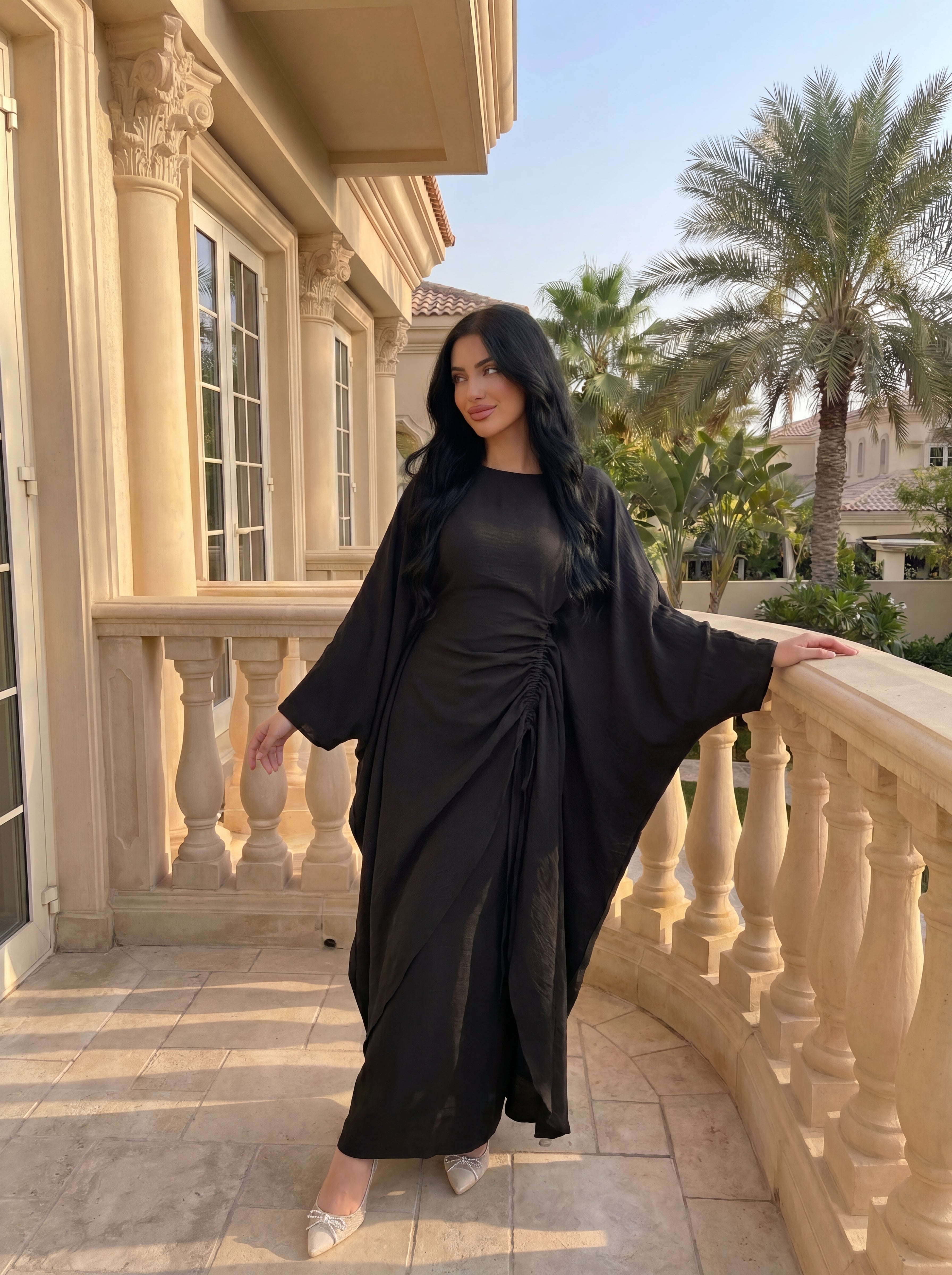 CL76 Elegantes Kaftan-Hosen-Kleid-Set für Damen, Luxuriöses, locker sitzendes Oberteil mit Fledermausärmeln und weitem Bein, modisches Outfit, integrierter verstellbarer Taillengürtel