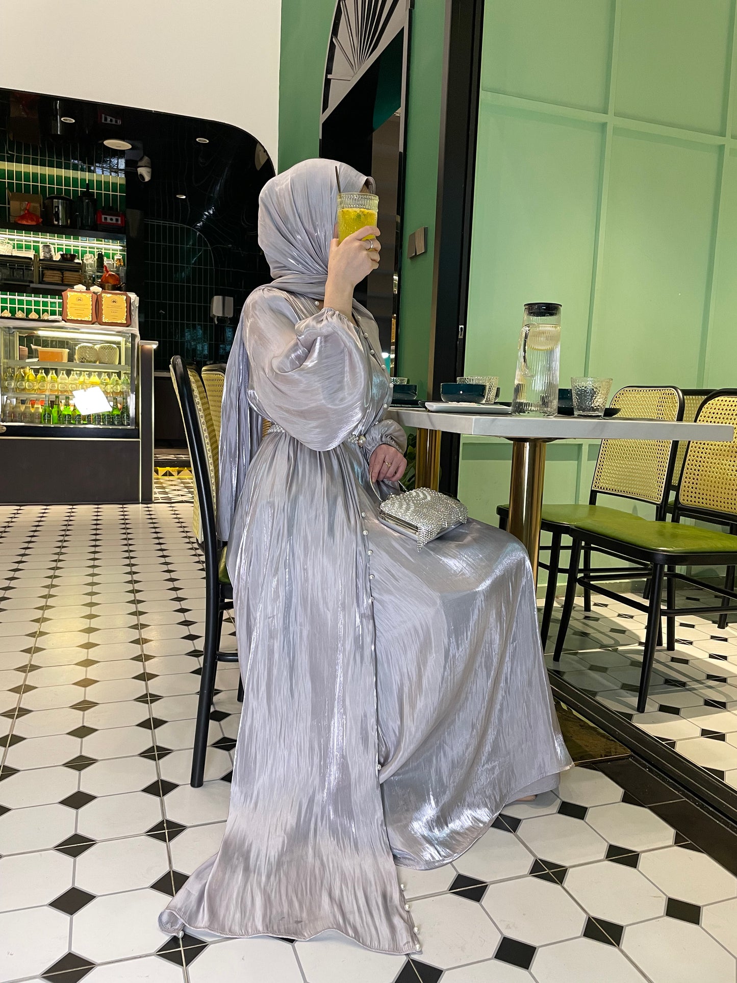 #CL03 Luxury 5-Piece Silk Abaya Set | Pearl-Embellished Belt & Kaftan Dress for Weddings & Evening Galas