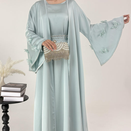 CL58 Celestial Butterfly Abaya Set ✦ Silk Robe with Diamond Sleeves & Detachable Belt in Fresh Green/Brown