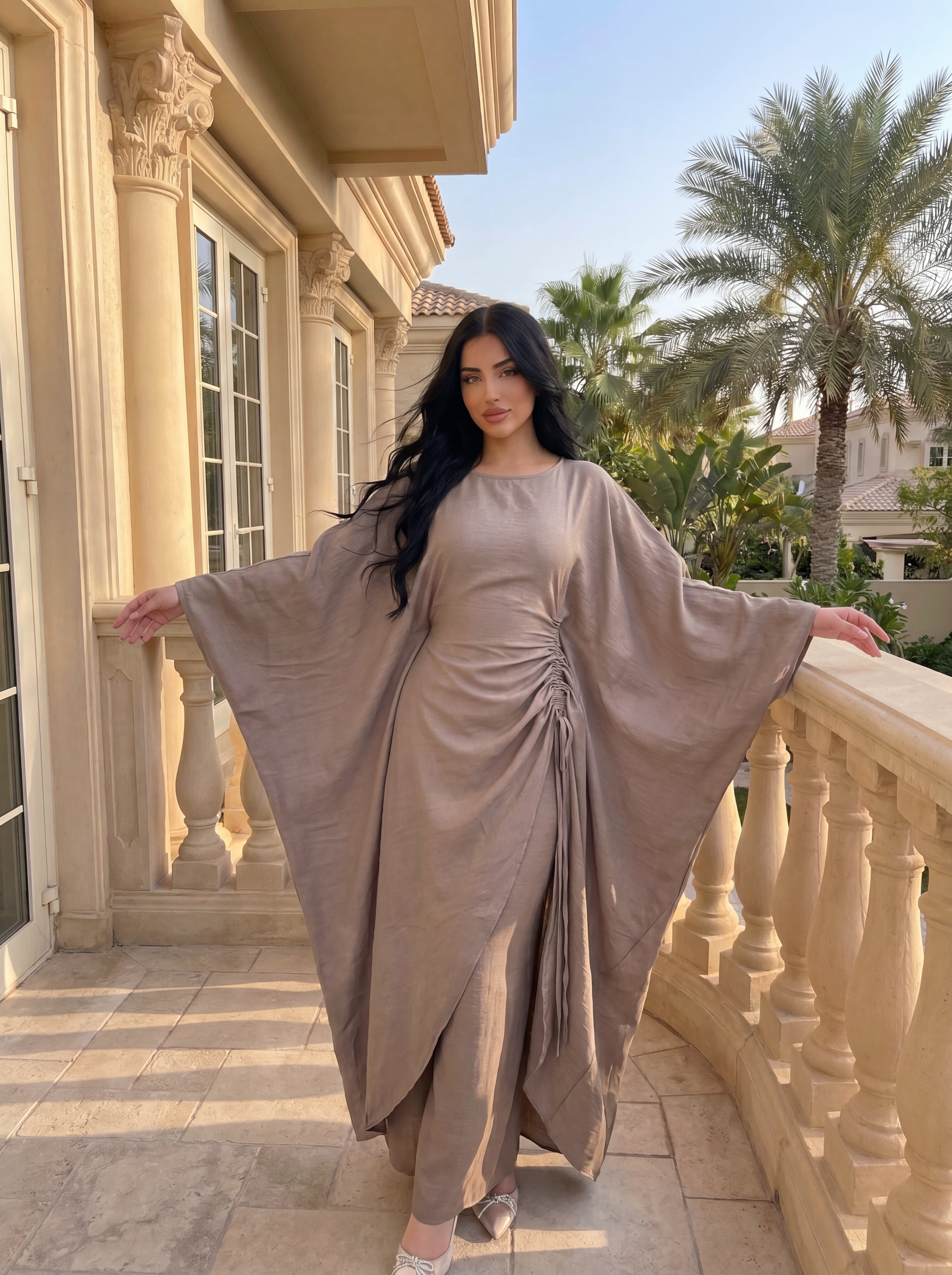 CL76 Elegantes Kaftan-Hosen-Kleid-Set für Damen, Luxuriöses, locker sitzendes Oberteil mit Fledermausärmeln und weitem Bein, modisches Outfit, integrierter verstellbarer Taillengürtel