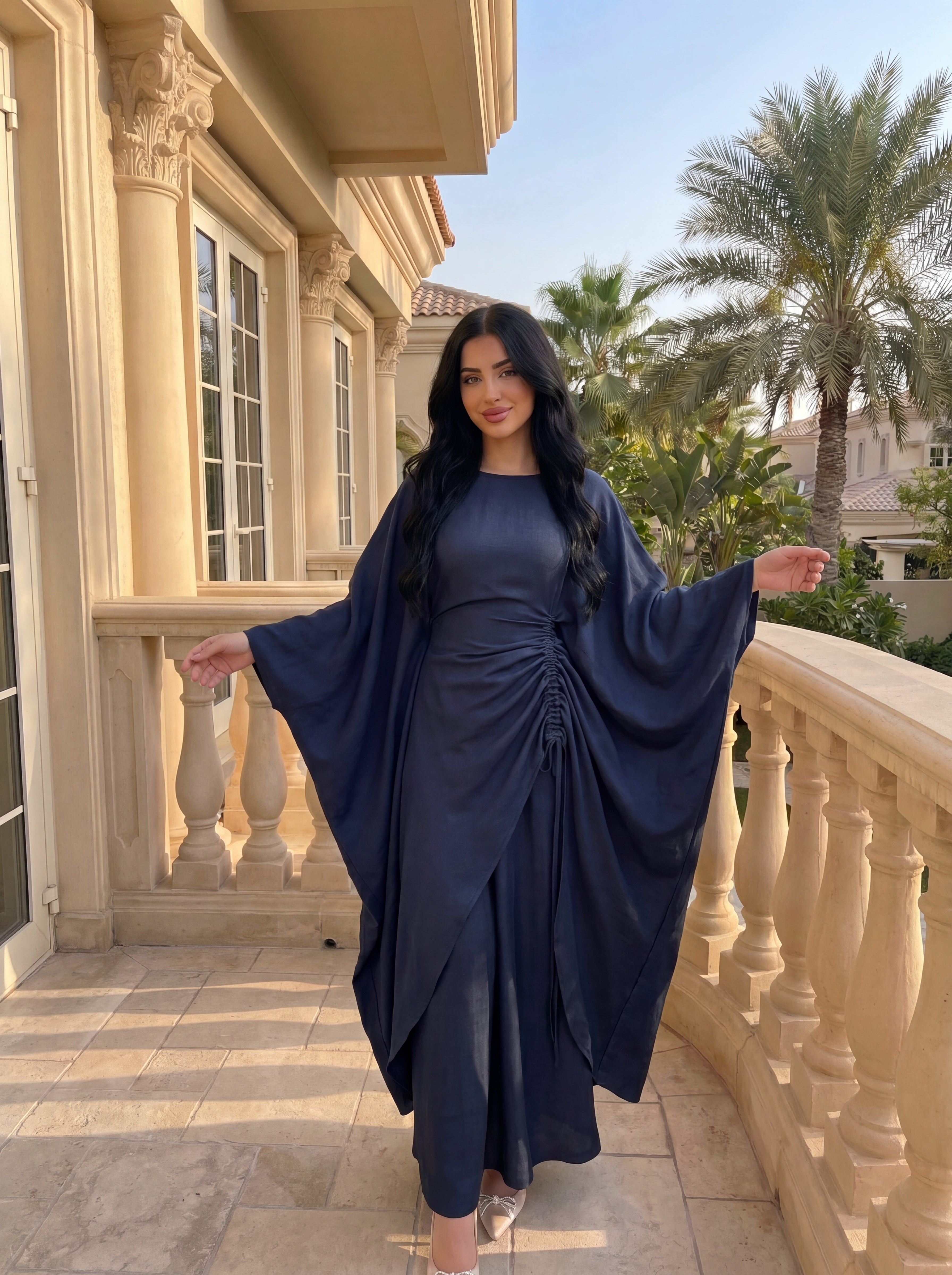 CL76 Elegantes Kaftan-Hosen-Kleid-Set für Damen, Luxuriöses, locker sitzendes Oberteil mit Fledermausärmeln und weitem Bein, modisches Outfit, integrierter verstellbarer Taillengürtel