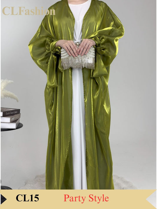 #CL15 Luxury Open Front Abaya | Organza with Silk-like Sheen ✦ 5 Sizes for Tall Women