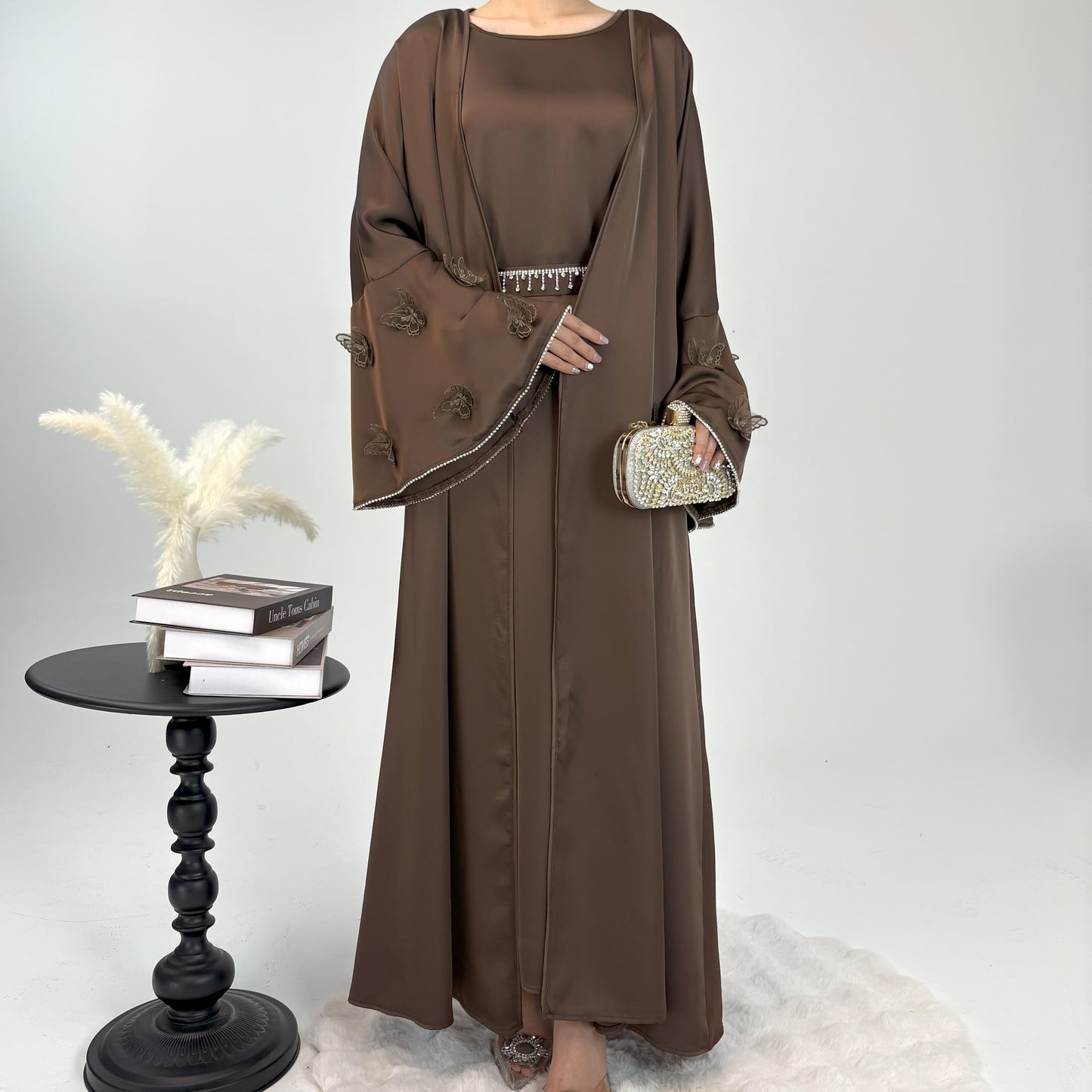 CL58 Celestial Butterfly Abaya Set ✦ Silk Robe with Diamond Sleeves & Detachable Belt in Fresh Green/Brown