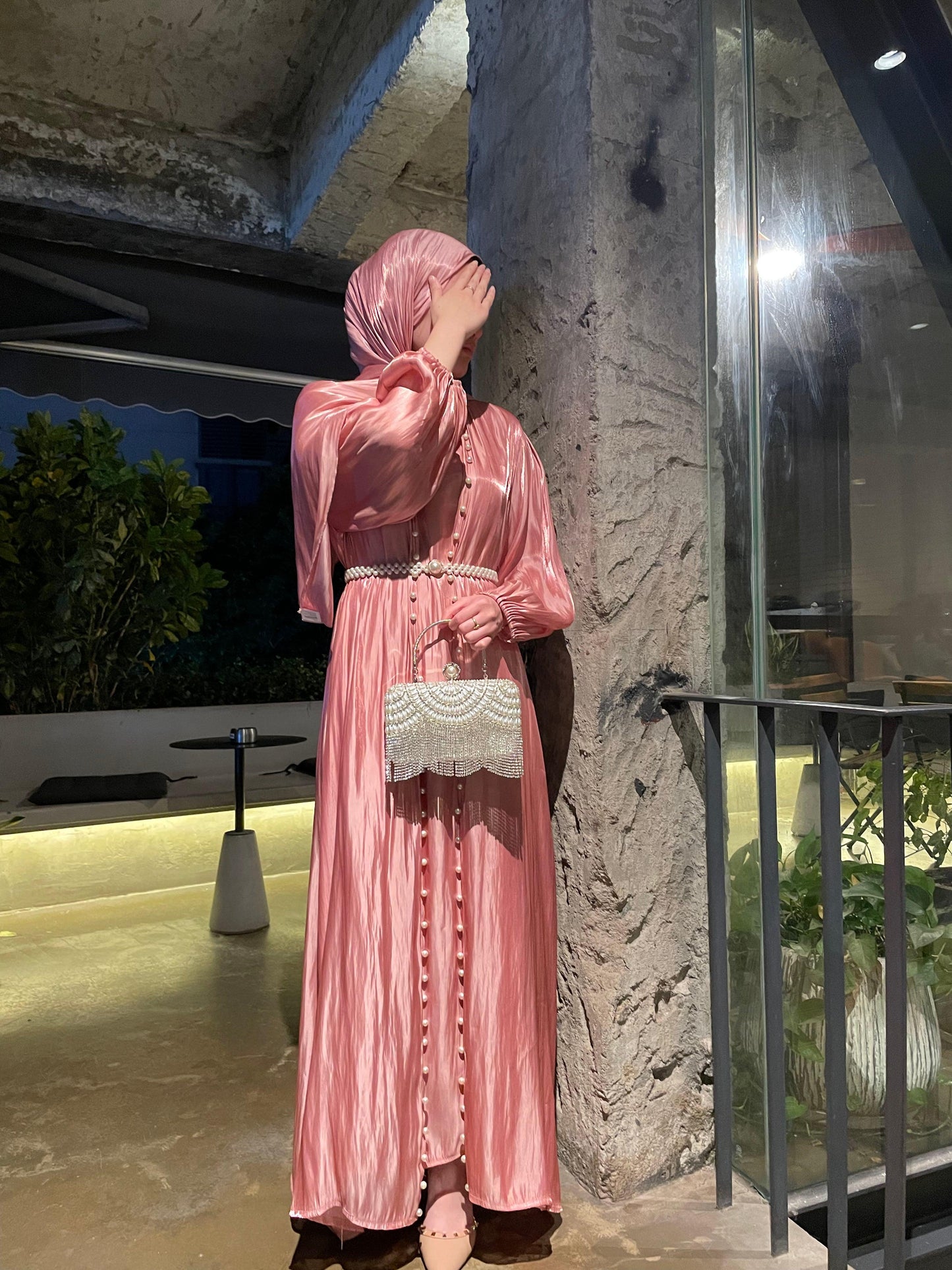 #CL03 Luxury 5-Piece Silk Abaya Set | Pearl-Embellished Belt & Kaftan Dress for Weddings & Evening Galas