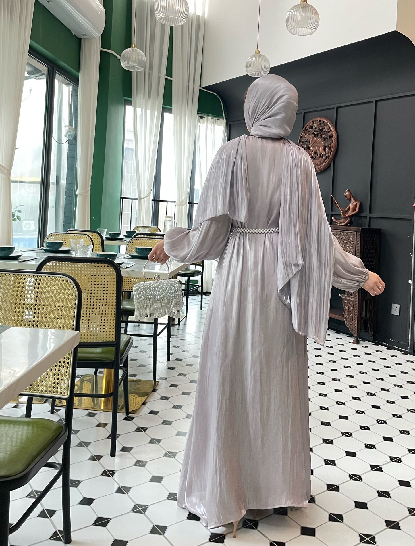 #CL03 Luxury 5-Piece Silk Abaya Set | Pearl-Embellished Belt & Kaftan Dress for Weddings & Evening Galas