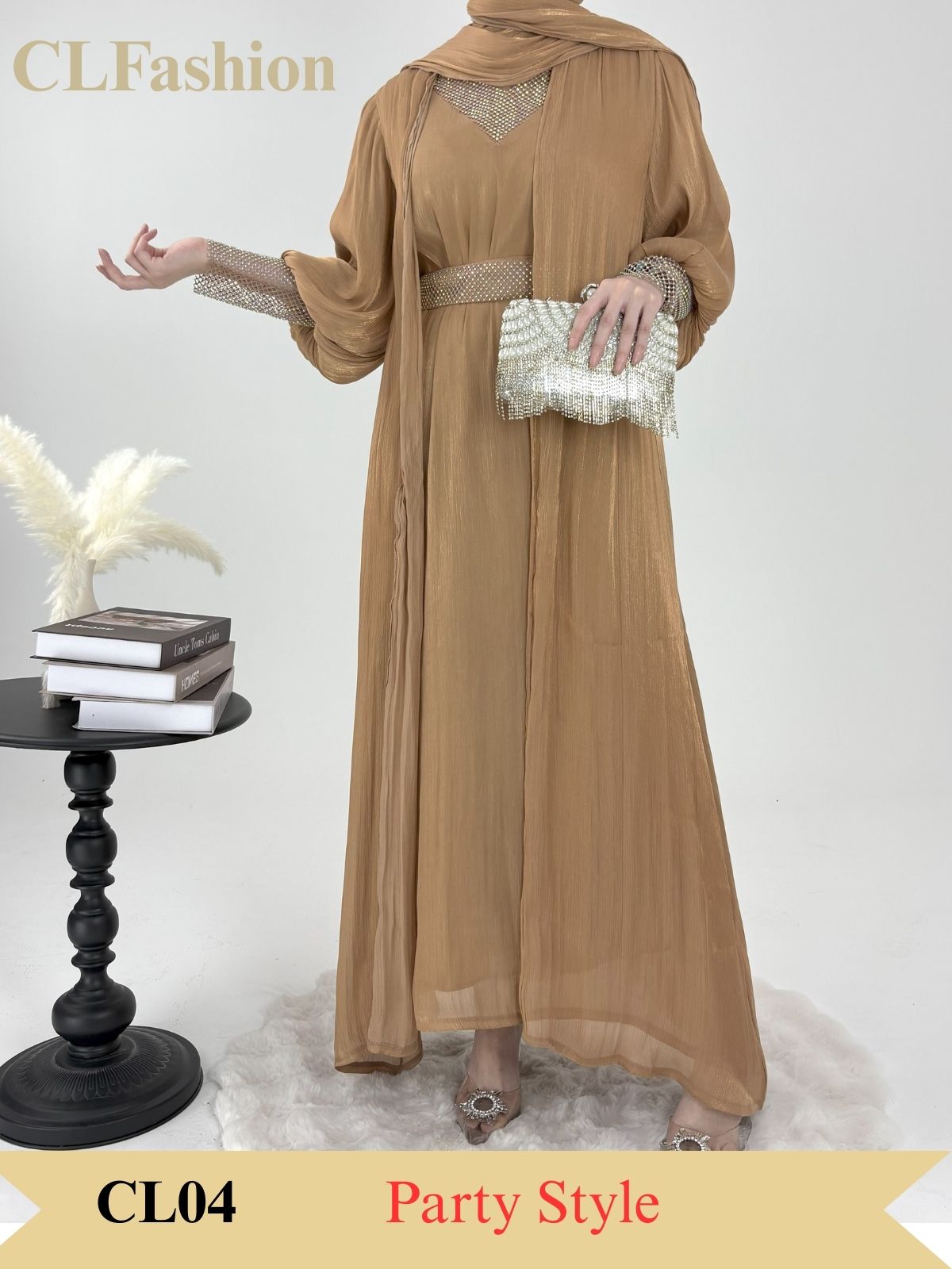 #CL04  Luxury 4-Piece Abaya Set | Shiny Mesh Chiffon Kaftan Dress with Scarf ✦ Modest Islamic Fashion