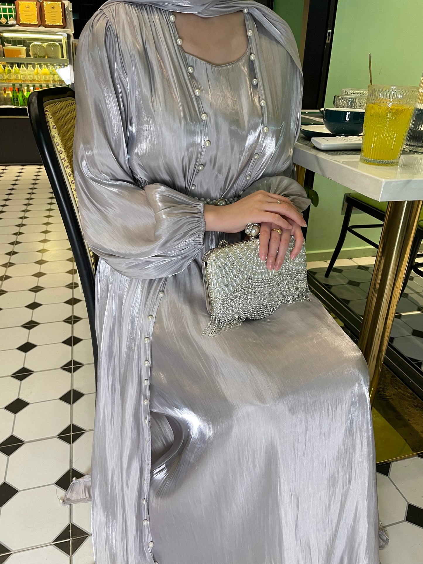 #CL03 Luxury 5-Piece Silk Abaya Set | Pearl-Embellished Belt & Kaftan Dress for Weddings & Evening Galas