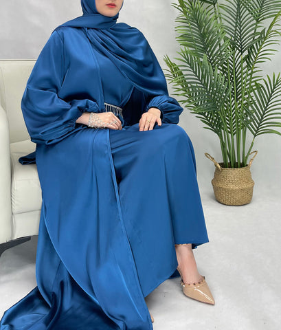 #CL09  Piece set Silk abaya outfit cuffed sleeve abaya slip dress and hijab shiny stone belt modest dress muslim dress