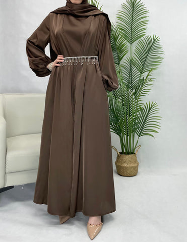 #CL09  Piece set Silk abaya outfit cuffed sleeve abaya slip dress and hijab shiny stone belt modest dress muslim dress