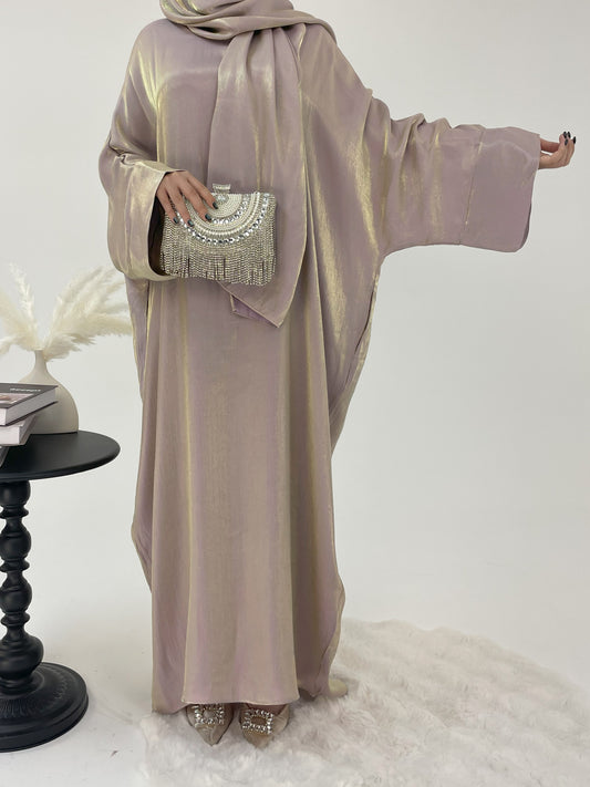 CL56 Luminous Batwing Abaya Dress with Hijab ✦ All-Season Kaftan in Iridescent Blue