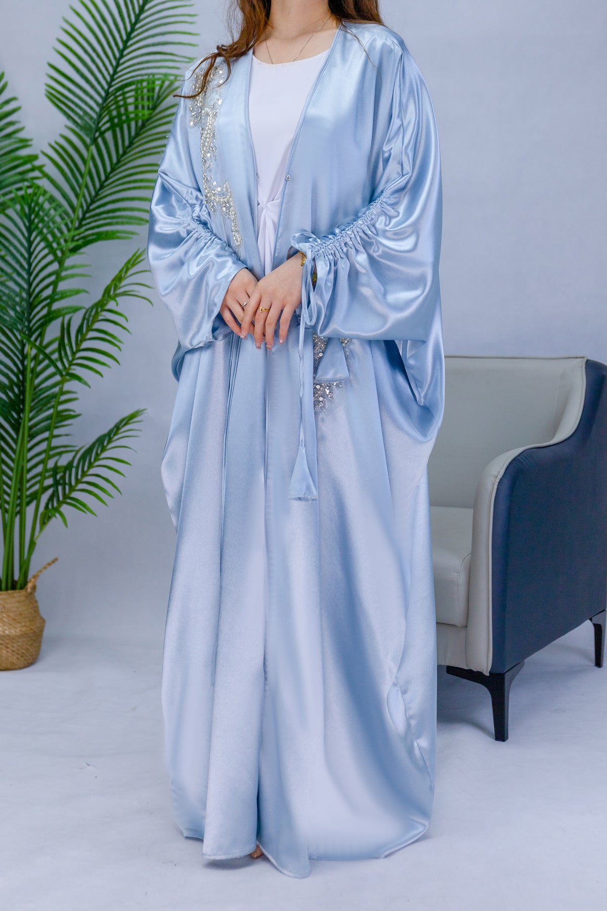 #CL04  Silk embroidered cardigan Only open abaya Batwing Abaya