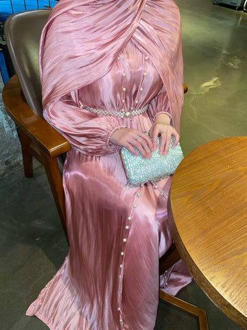 #CL01  Pearl 5-piece Set Silk Dress Pearl Belt Kaftan Long Women Dress